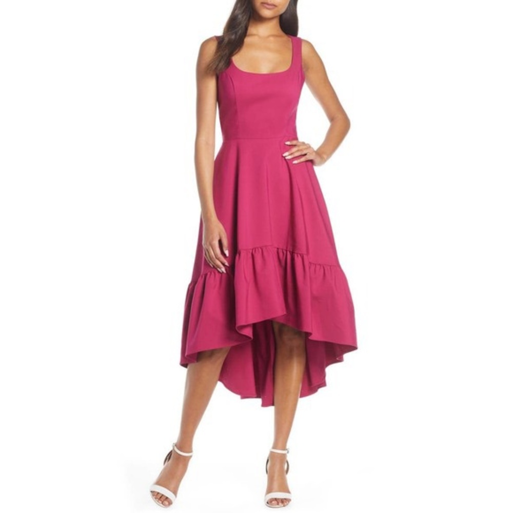 mark & james badgley mischka pink ruffle hem midi dress